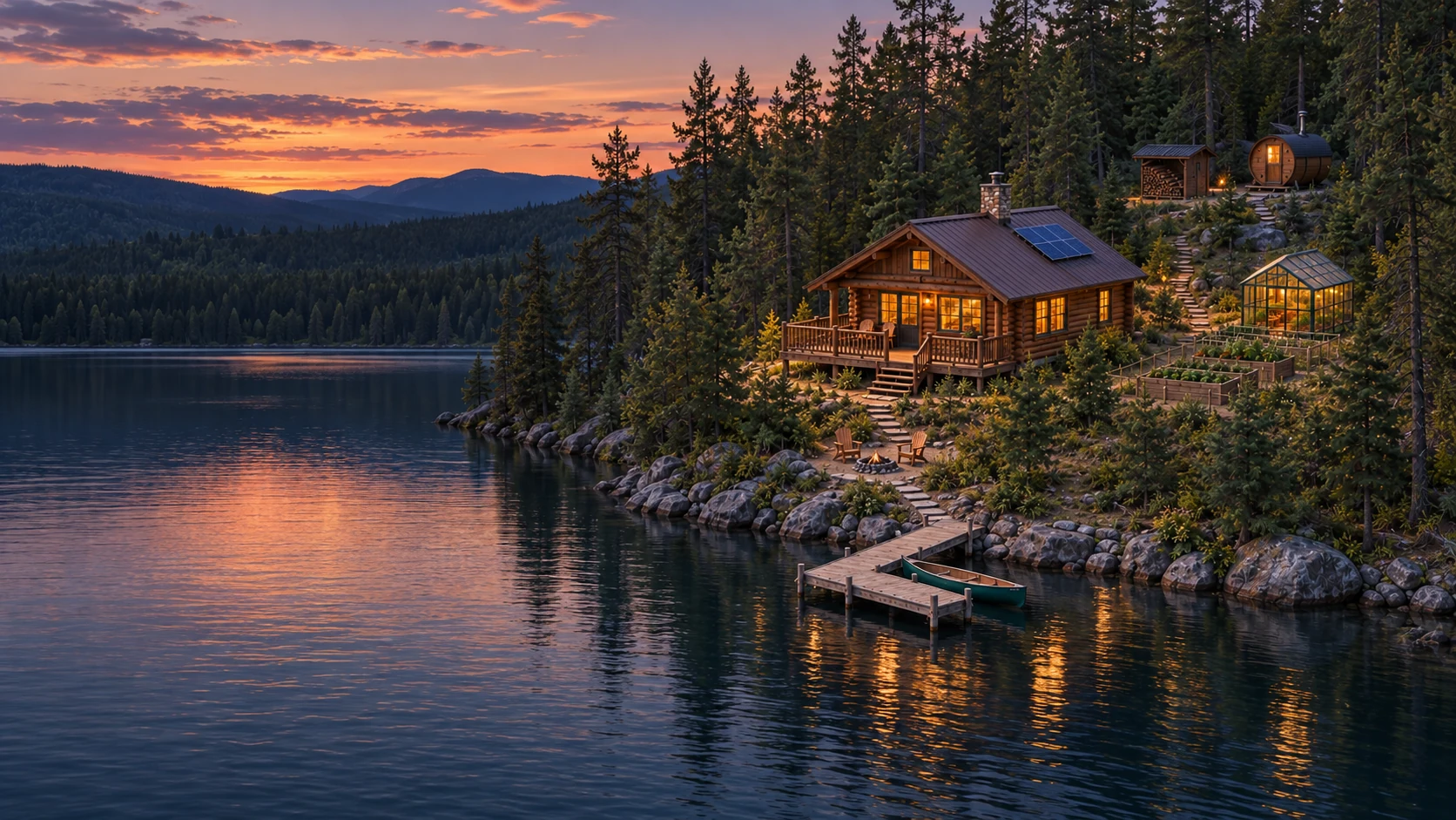Warm light from Amy’s cabin reflecting across the lake at dusk